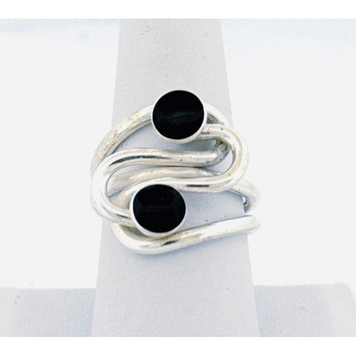Vintage Sterling Silver 925 Spiral Wrap Ring Black Onyx Size 8 Estate 8.9g