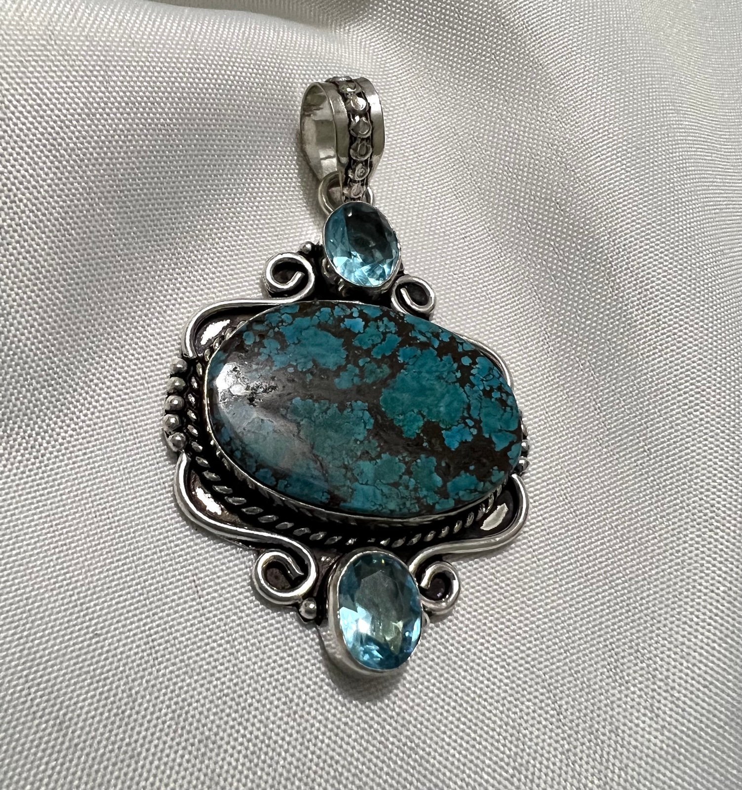 Natural Turquoise & Blue Topaz in Sterling Silver 925 Pendant.