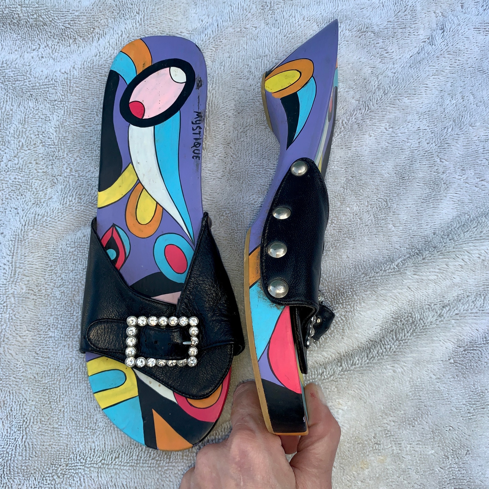 Y2K MYSTIQUE HANDPAINTED PSYCHEDELIC WOOD LEATHER SLIDES-FESTIVALS!