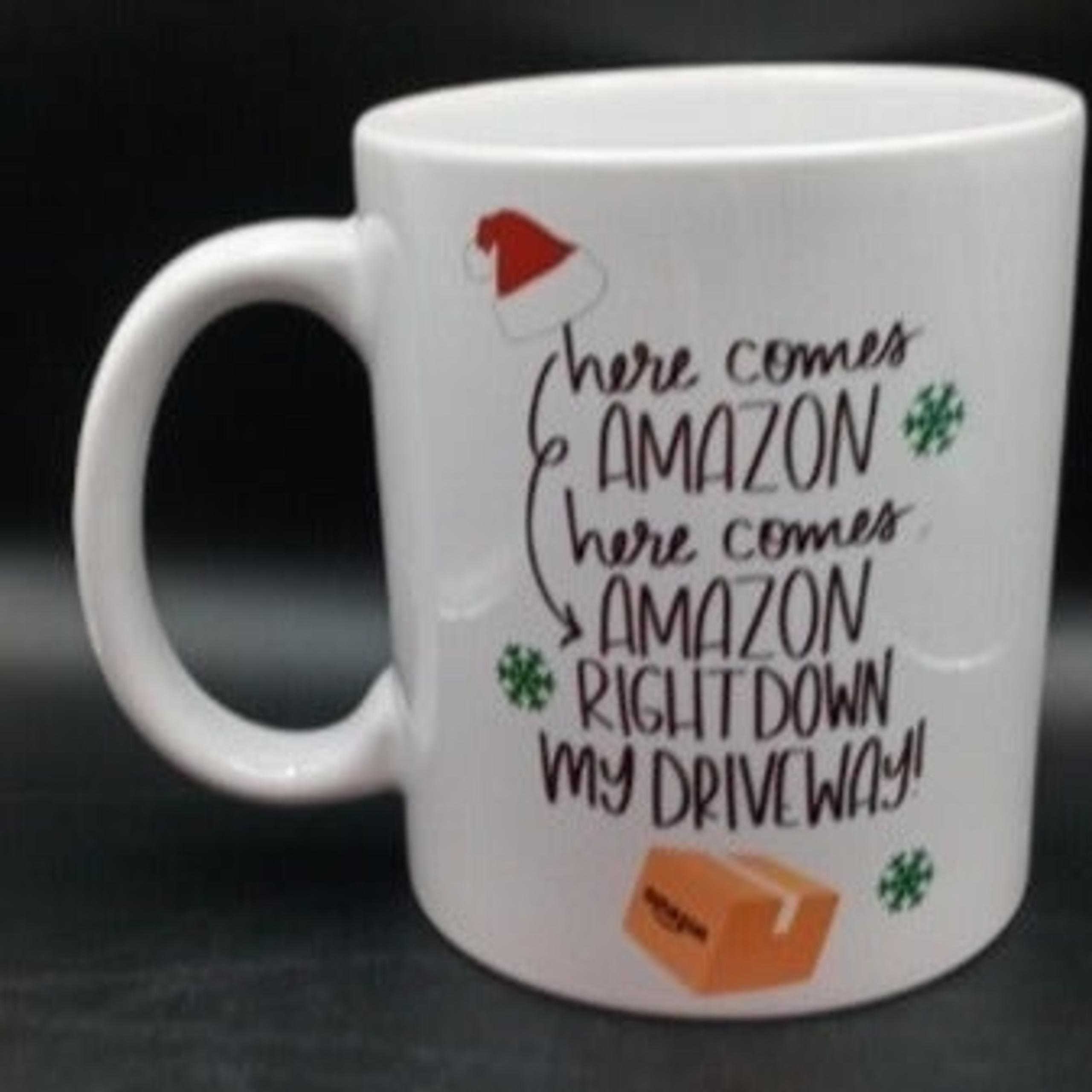 Amazon's Own Christmas HERE COMES AMAZON RIGHT DOWN MY DRIVEWAY Coffee Cup Mug