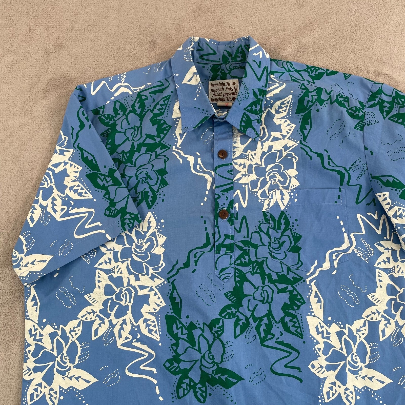 Vintage NAKE'U AWAI Shirt Men XL Blue Floral Honolulu HI Hawaiian Aloha PopOver