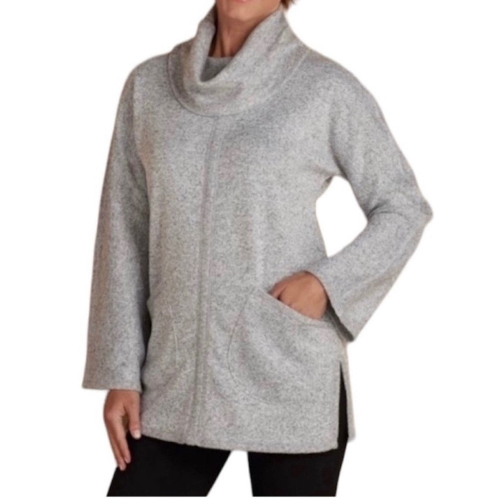 Soft Surroundings Gray Knit Cowl Long Sleeves Pockets Warm Top Size Medium