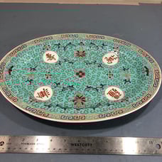 Vintage Chinese JingDeZhen Green Mun Shou (longevity) 1980's 14 oval plate