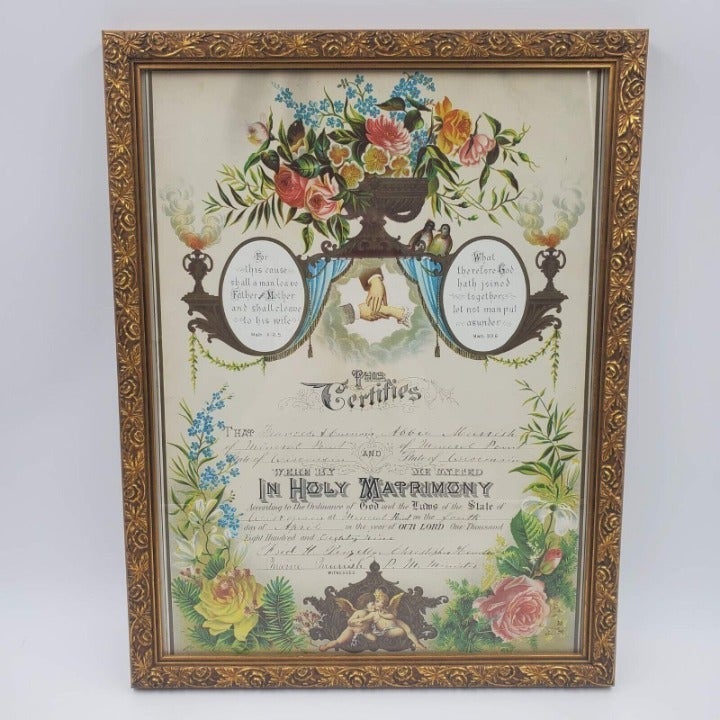Antique 1889 Wedding Marriage Certificate Gold Rose Framed Curnow Murrish 17x13