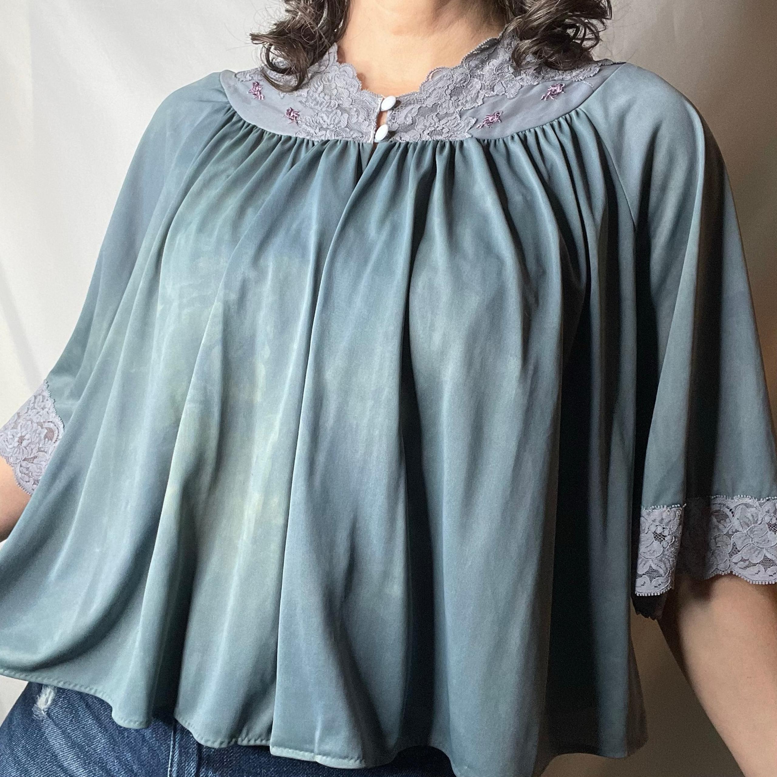 Vintage 60s lace trimmed bed jacket tie dye dyed teal blue cropped layering M