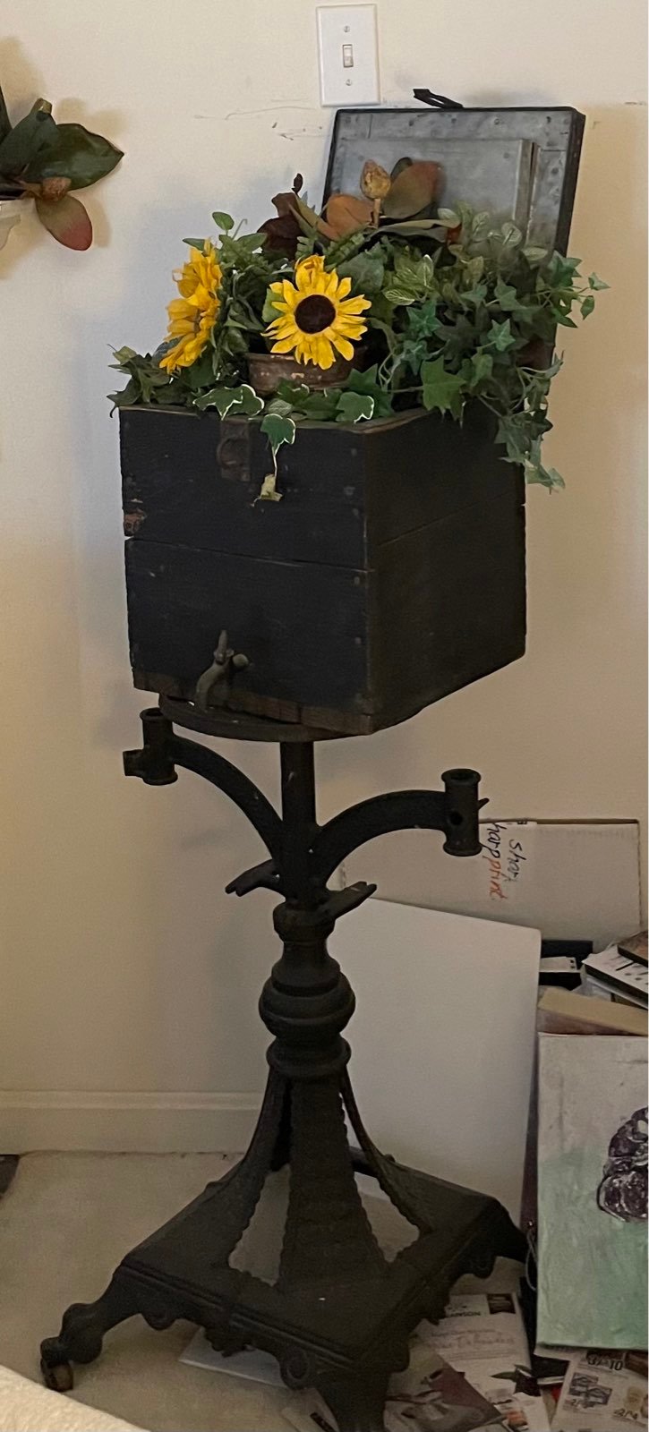 Uninique Antique iron stand with tin lined water bucket and candle holders