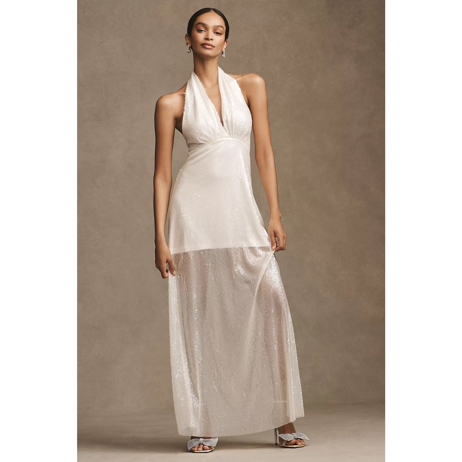 BHLDN April Sequin Halter V-Neck Maxi Dress Bone White Sz:M Ret398 STUNNING!!!!