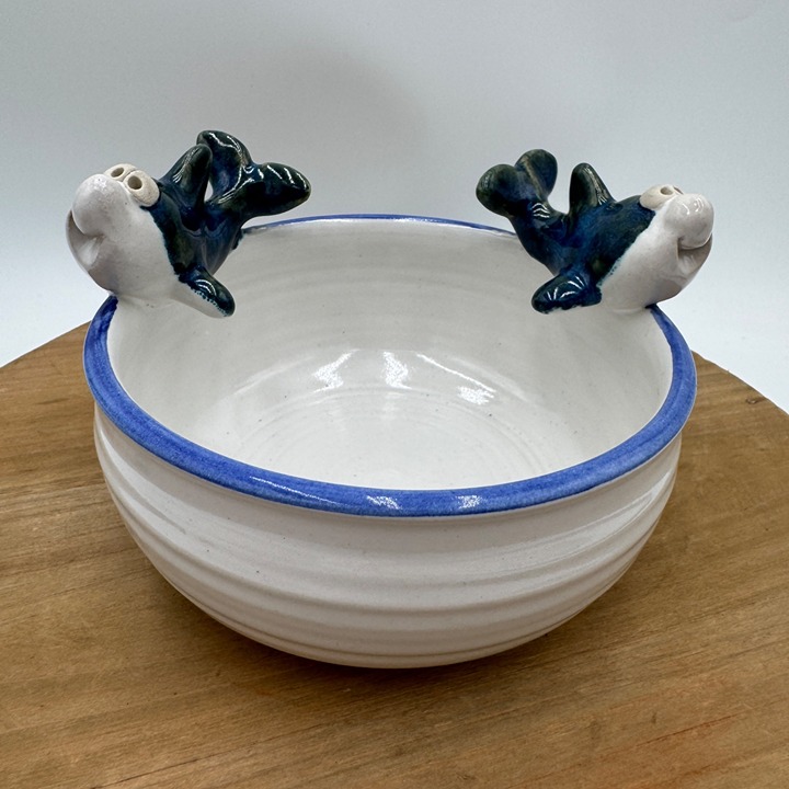 John Nishio Studio Art Pottery Bowl 2 Happy Dolphins Sharks Ocean Blue Trim 3D C
