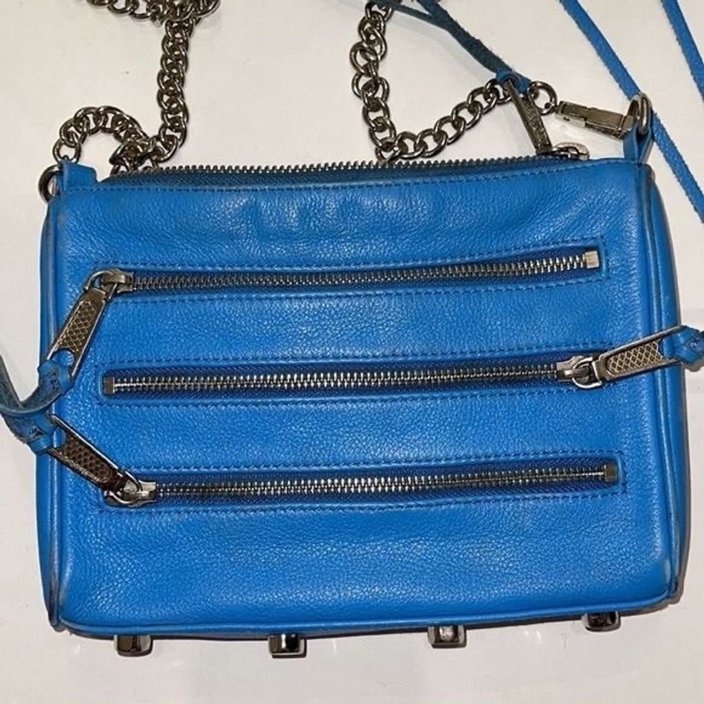 Rebecca Minkoff Blue Leather 3-Zip Rocker Crossbody Bag Small Adjustable Strap