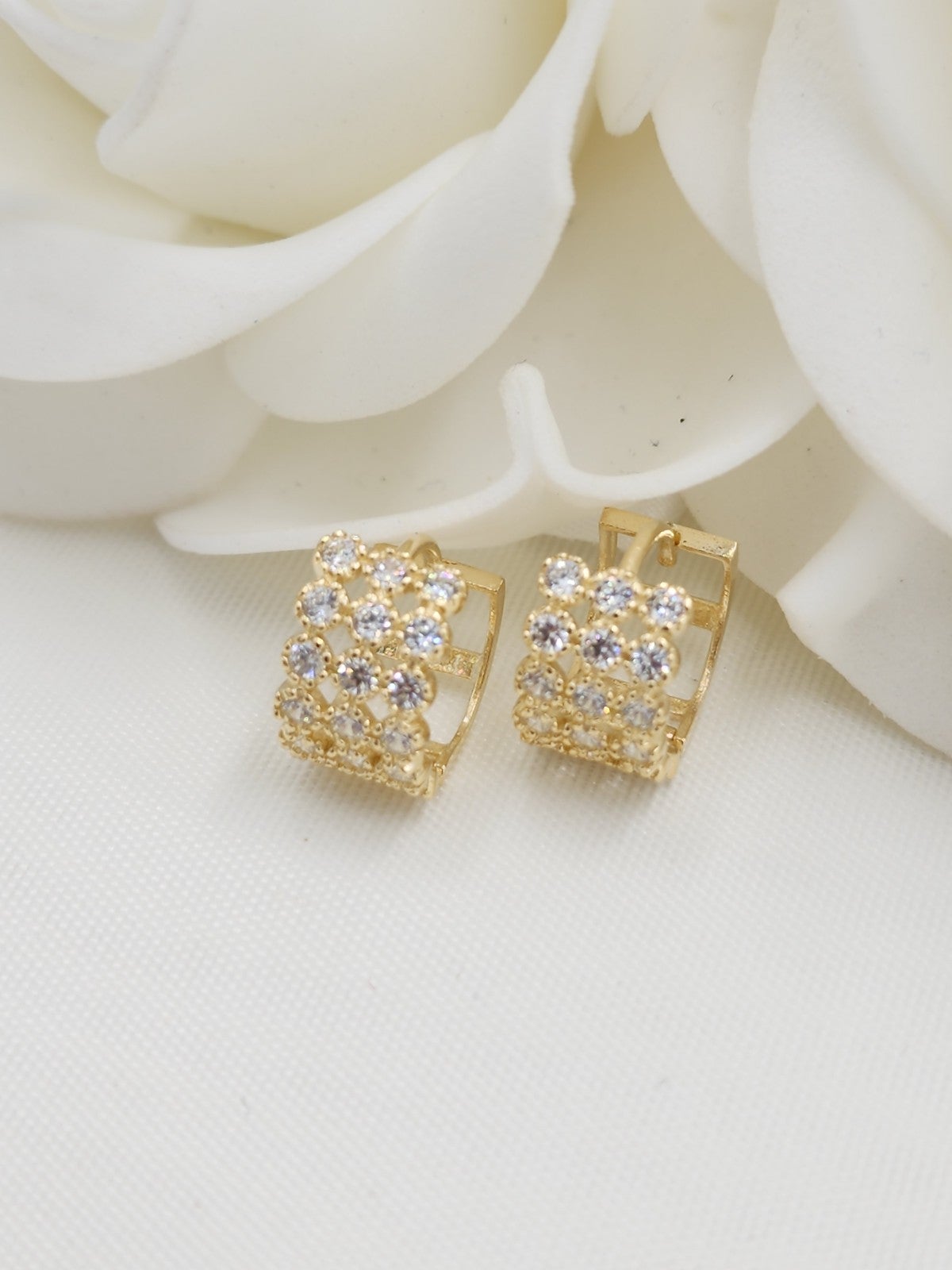 Solid 14k Gold 3 lines CZ huggies earrings