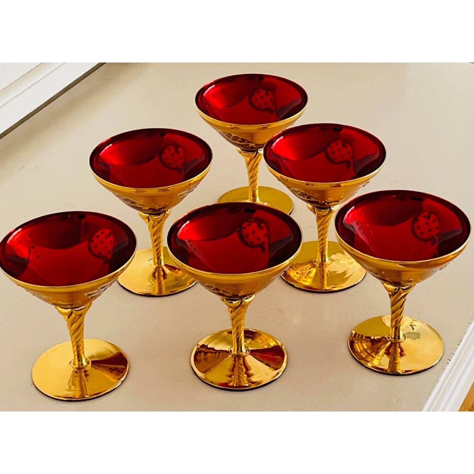 Hand Blown Set of 6 Champagne Saucers Czechoslovakia Glass EnameledPink Gold Red