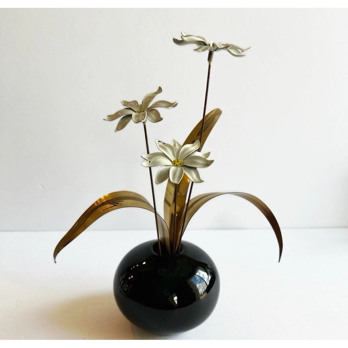 MCM Brutalist Signed Vintage Mario Jason Flowers Enamel On Copper Vase