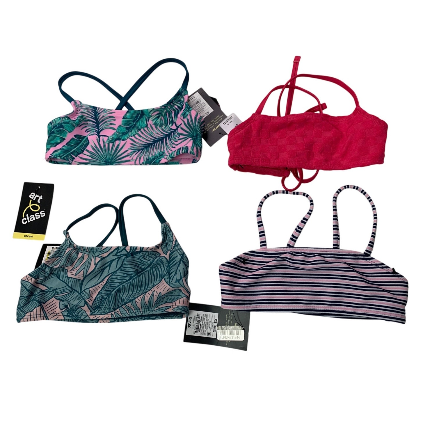 4 NWT New Art Class Girls XS (4/5) Stripe Tropical Fern Swimsuit Tops ONLY