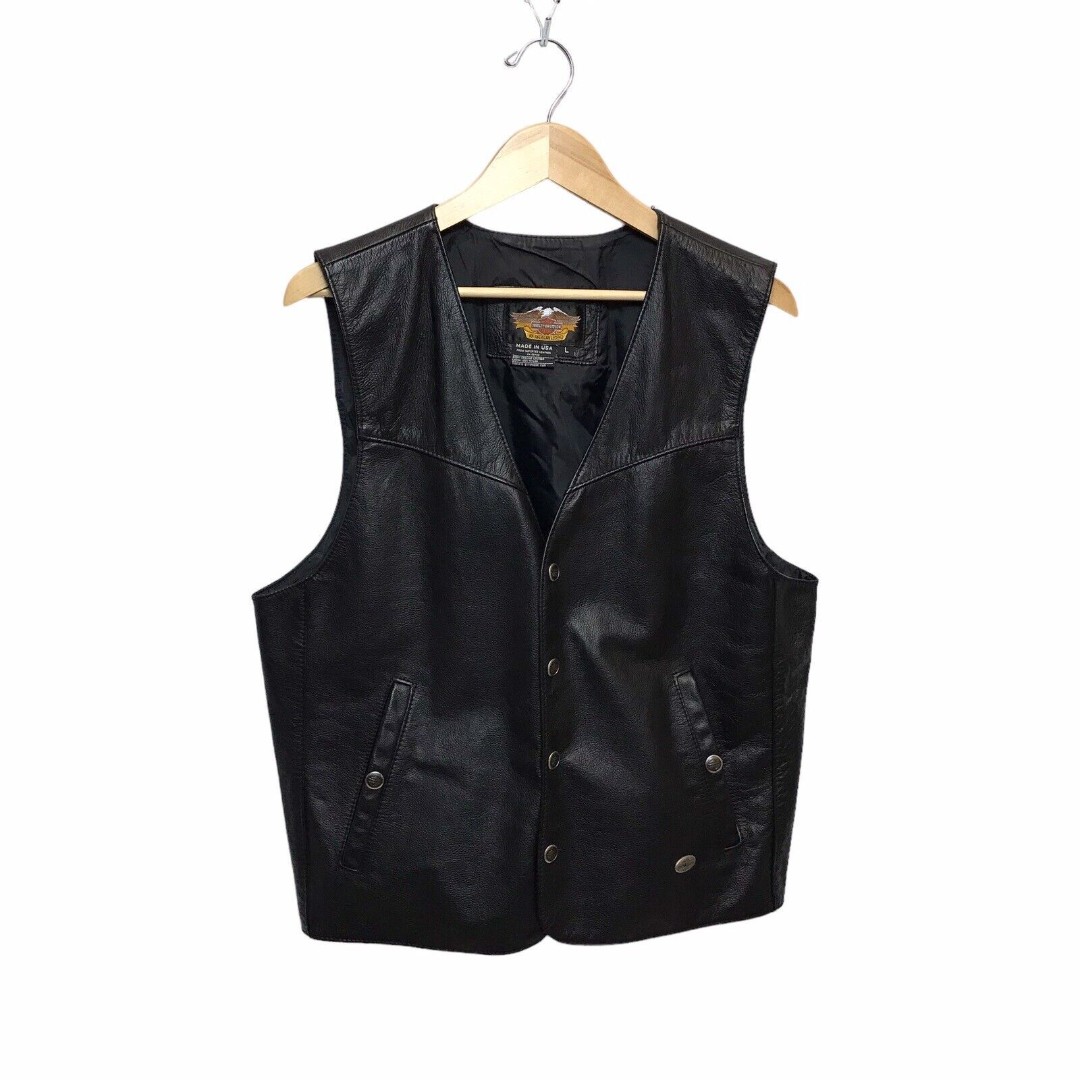 Vintage Y2K Harley Davidson USA Made Black Leather Biker Vest Adult Size Large