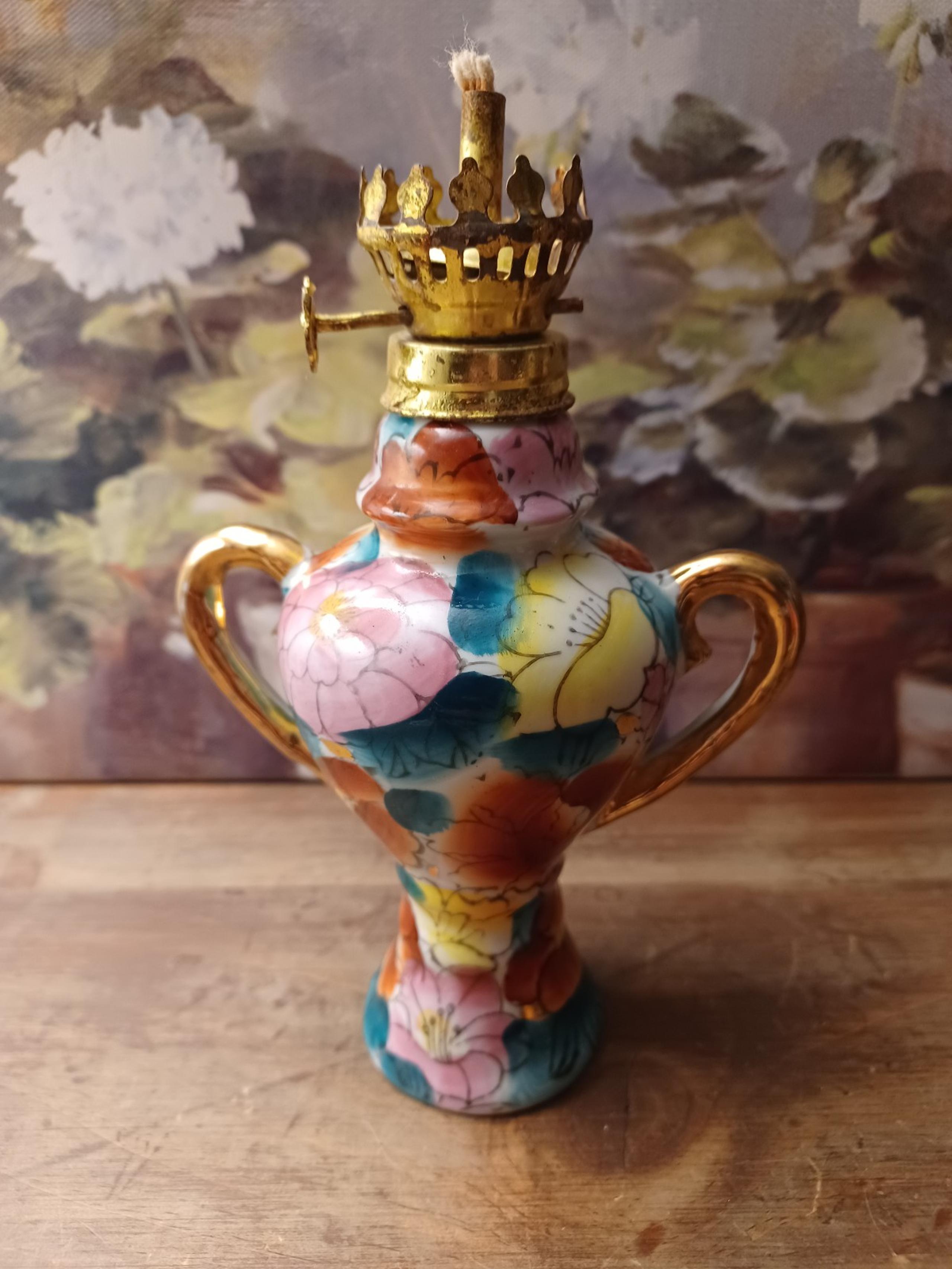 Vintage Porcelain Mini 6.5" Oil Lamp w/ Handpainted Flowers & Gold Trim