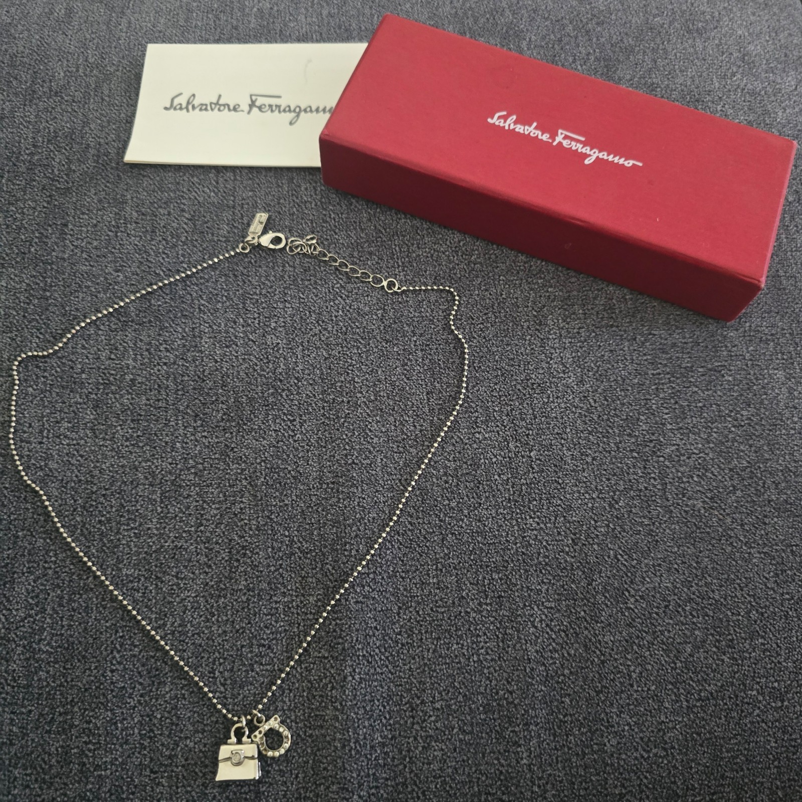 Ferragamo Necklace Gancini Silver Metal Rhinestone Used Pendant Accessory