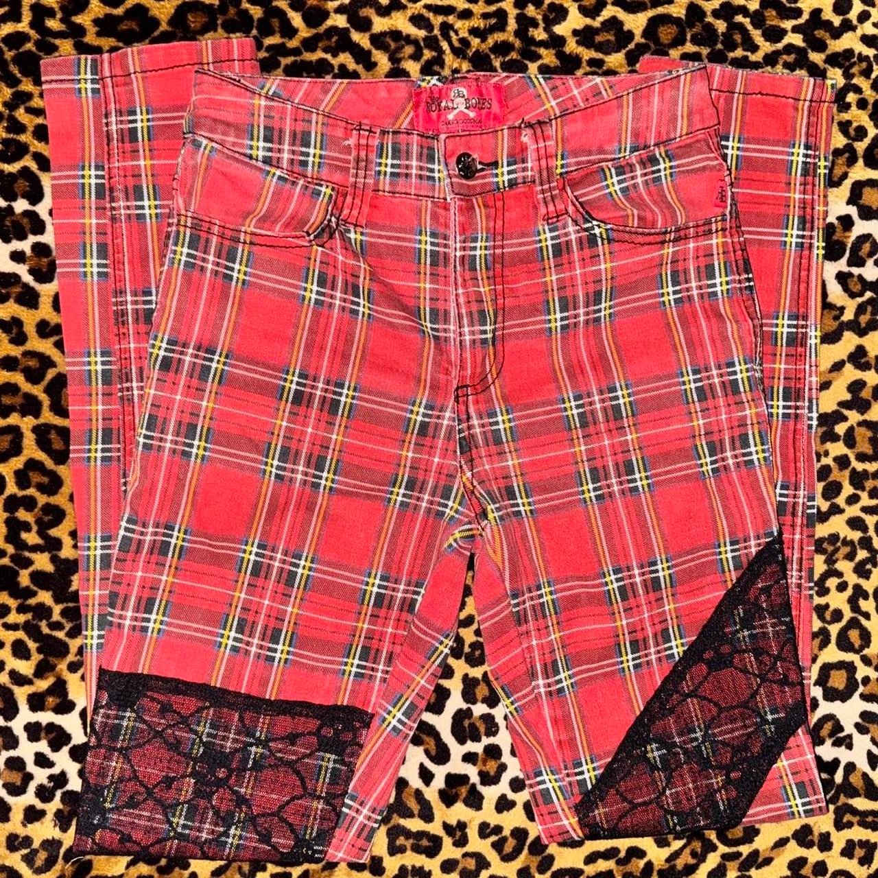 Royal Bones Red Plaid Striped Skinny Jeans Black Lace Pants Goth Emo Grunge Sz3