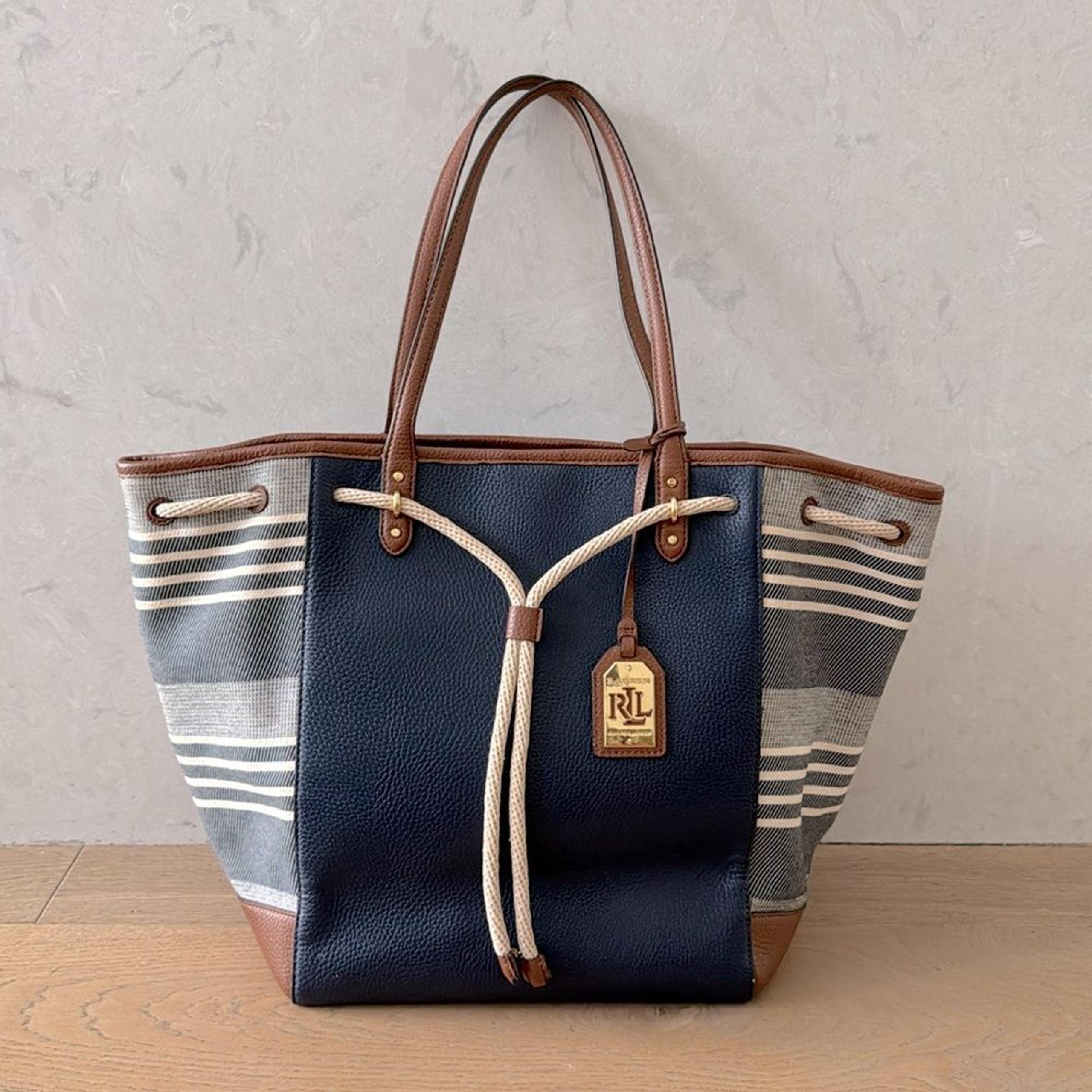 Lauren Ralph Lauren Blue, White, Brown leather canvas tote shoulder bag