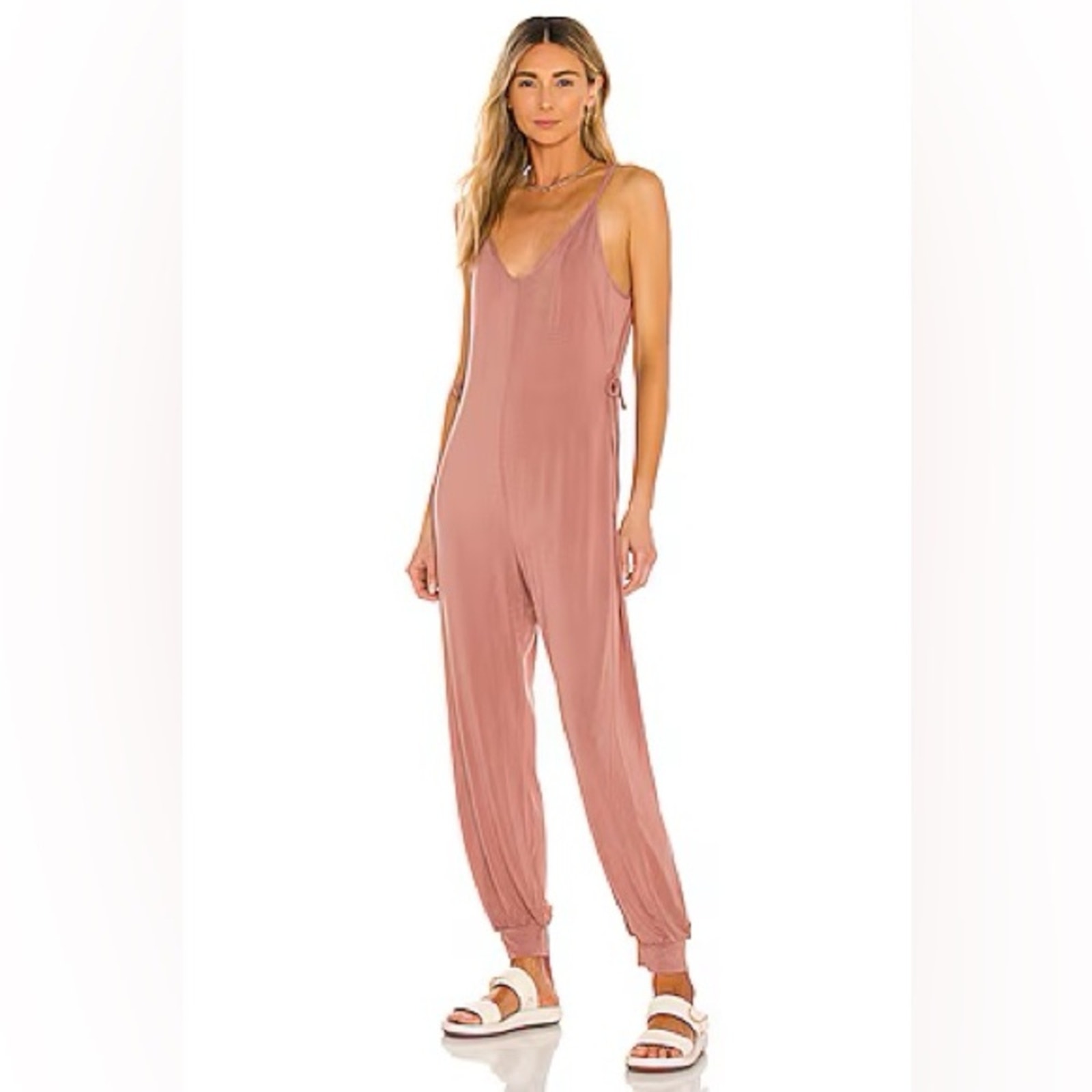 Eberjey Finley Knotted Sleep Jumpsuit Side Ties Jogger Lounge Mauve Pink Size S