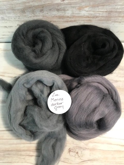 2 oz Merino Wool Roving, Darker Gray/Blacks