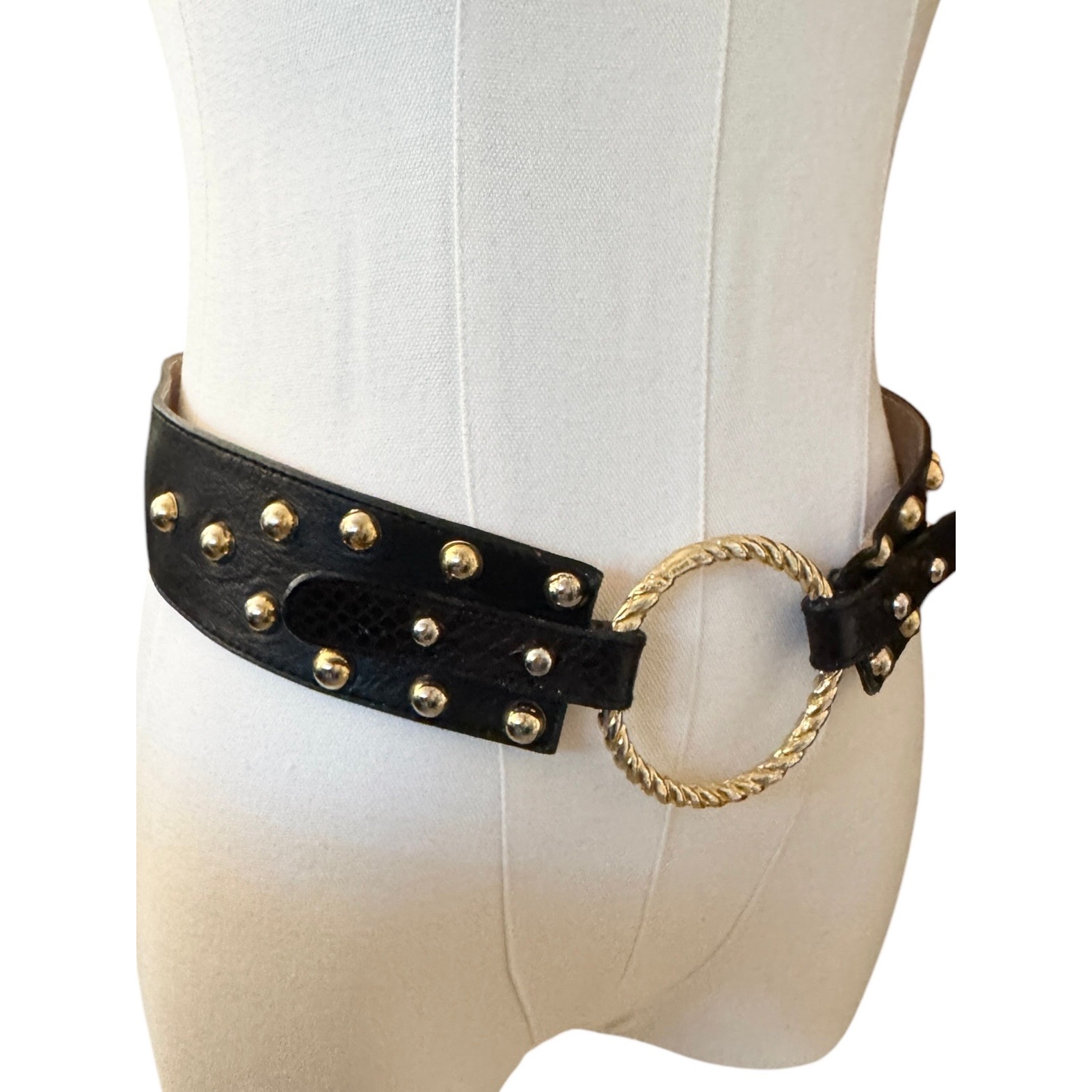 Vintage Y2K 1994 Leatherock Inc. Black Studded Leather Belt Gold O Ring M