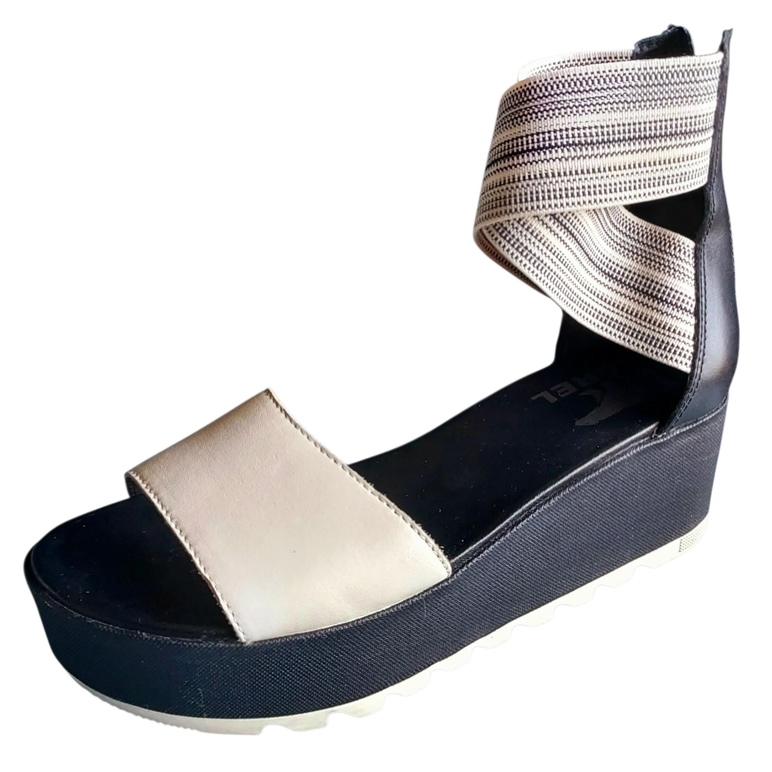 Sorel Cameron Platform Wedge Women's Sandal Elastic Ankle Strap Black Cream Sz 6