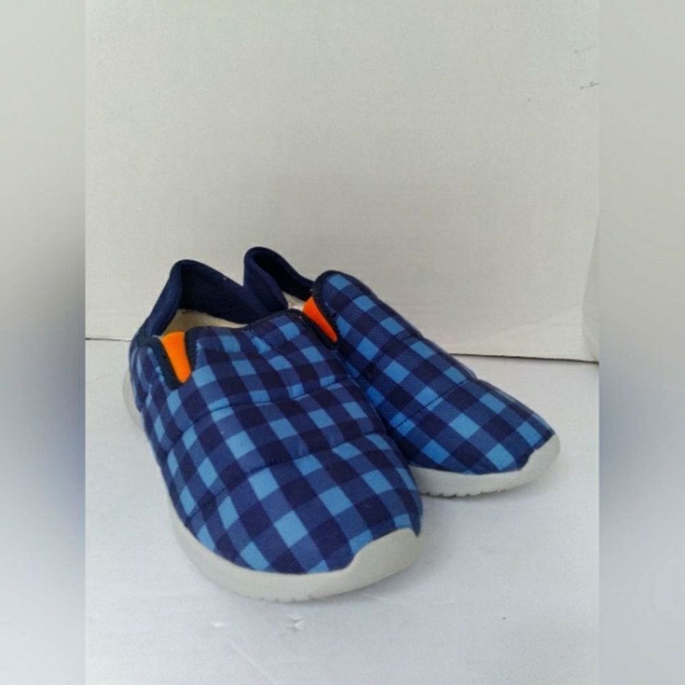 Slip On Comfort Shoes Blue Plaid Padded Cozy Lightweight