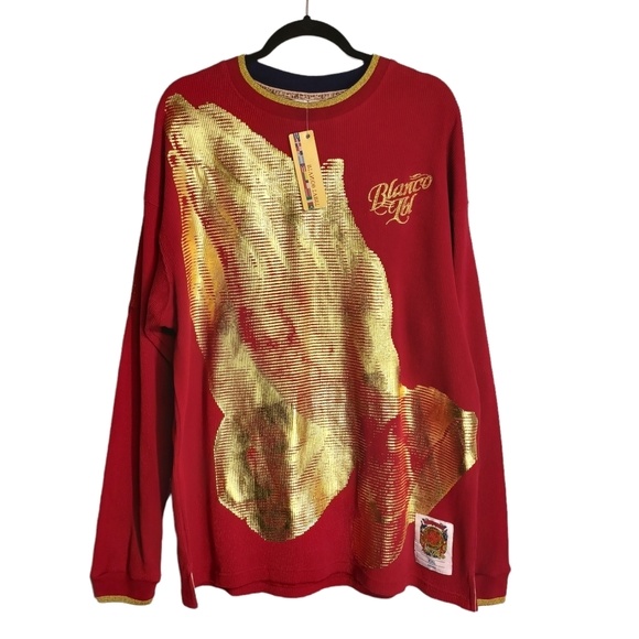 BLANCO LABEL Gold Foil Metallic Praying Hands Print Red Ribbed Sweater Top XXL