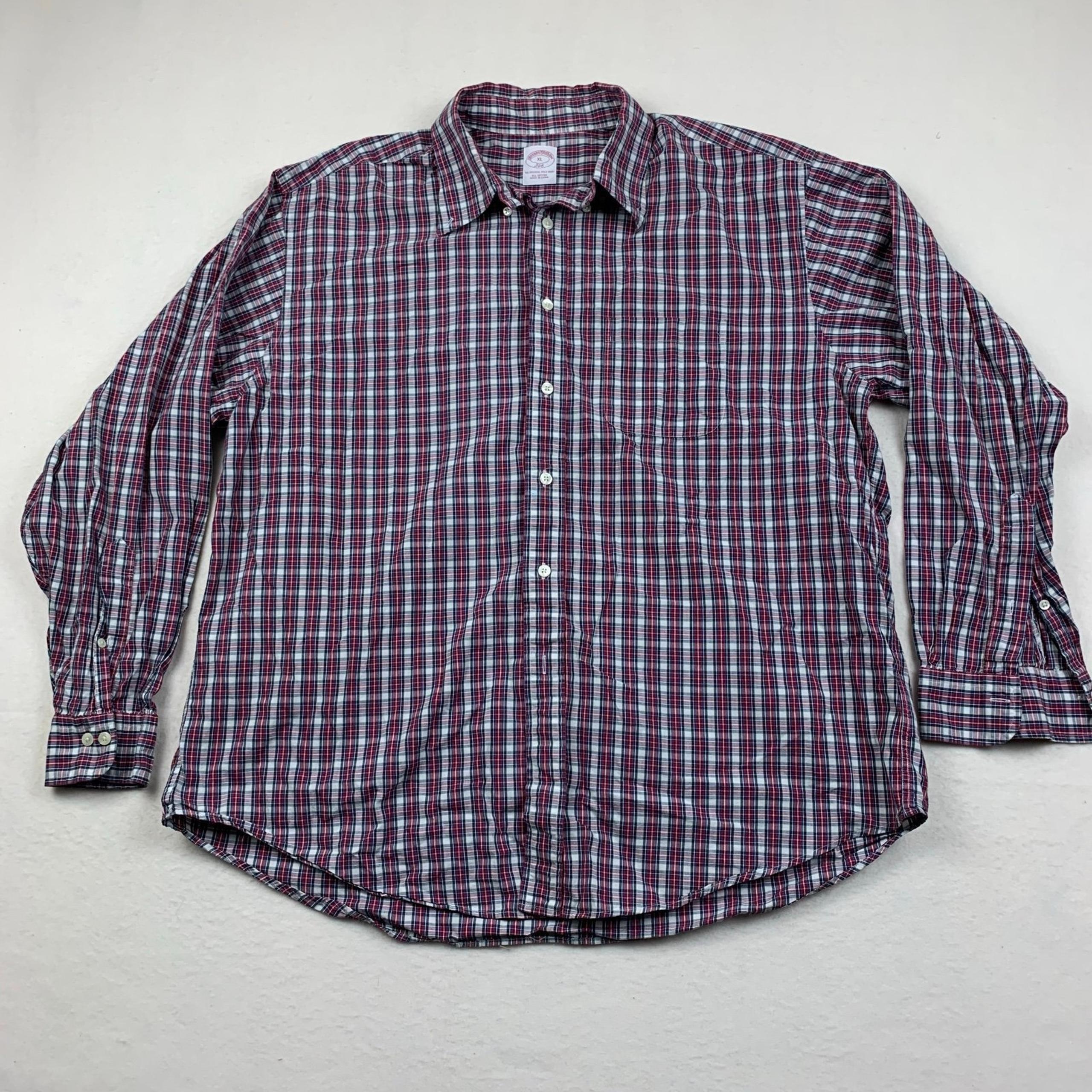 Brooks Brothers Shirt Mens XL Red Grey Tartan Plaid Long Sleeve Cotton Casual
