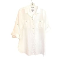 Chico’s 100% Linen White Quarter Sleeve Button Down Shirt Sz L