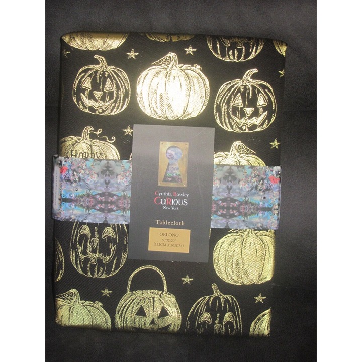 Cynthia Rowley Halloween Pumpkin Tablecloth oblong 60' x 120 GOLD Black Jack O