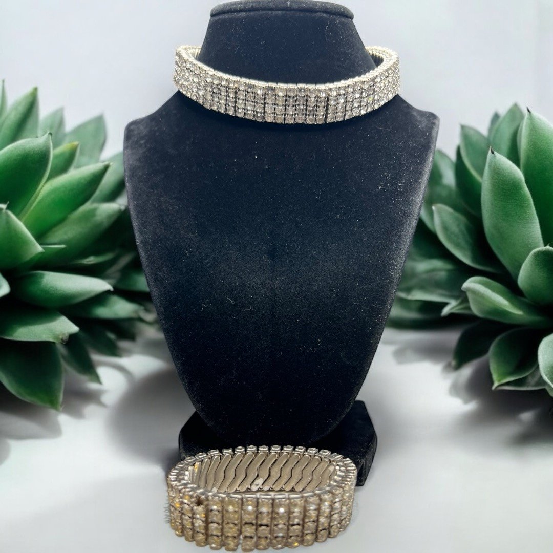 Vintage Rare Airflex Four Row Rhinestone Expansion Choker Necklace & Bracelet