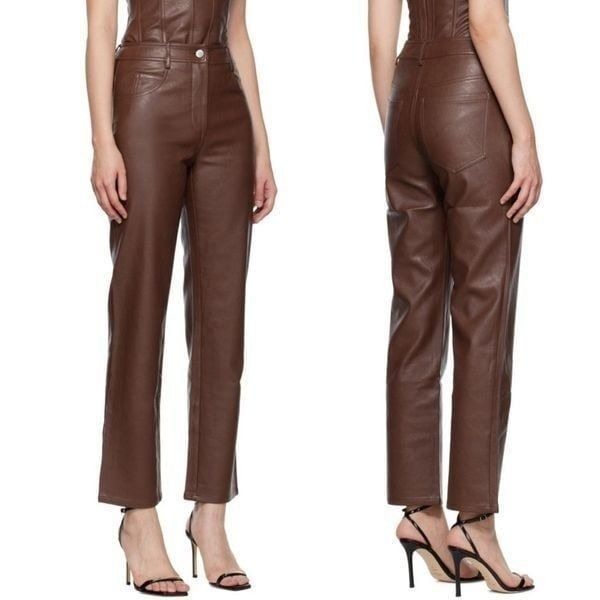 Miaou Brown Vegan Faux Leather Straight Leg Junior High Rise Pants Size M