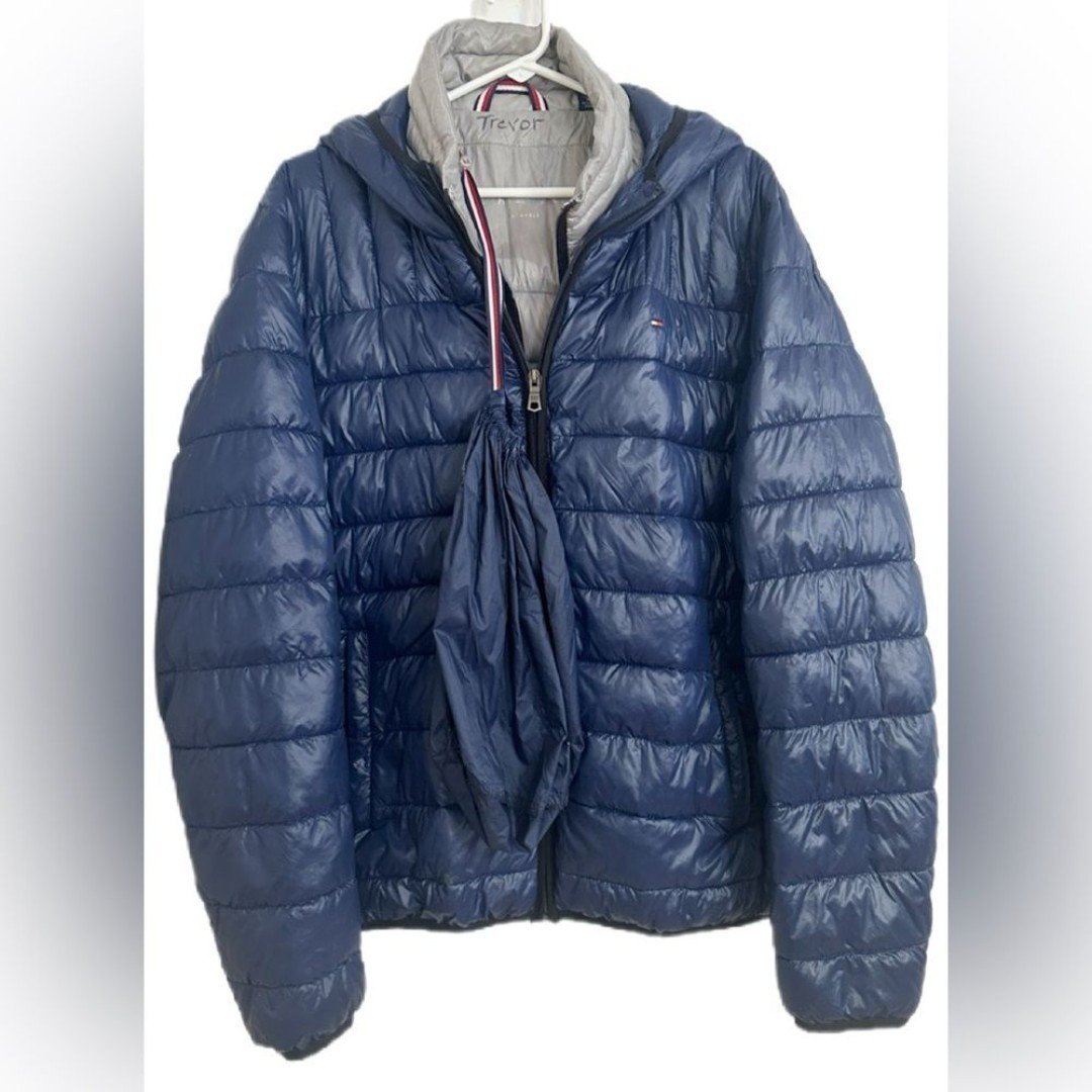 Tommy Hilfiger Mens Puffer L Blue Packable Hooded Windbreaker Jacket