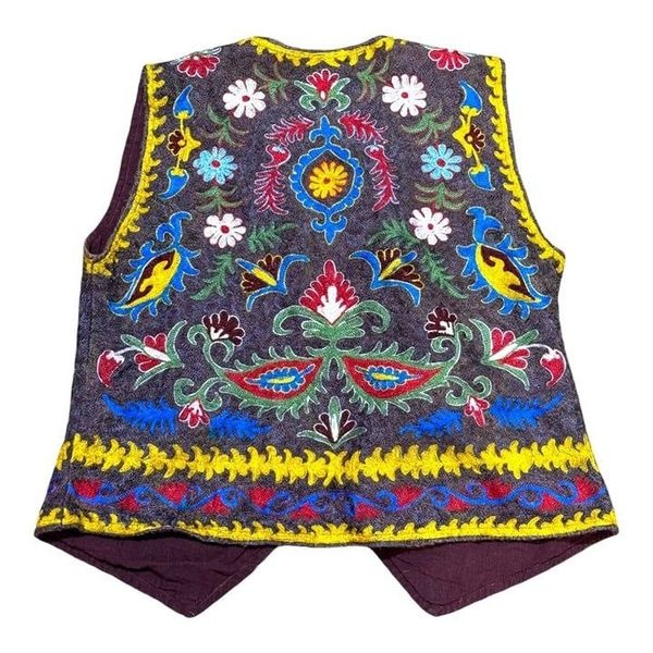 Vtg 60s Uzbek Textile Embroidered Vest S M Black Tulip Boho Kitsch Y2K Handmade