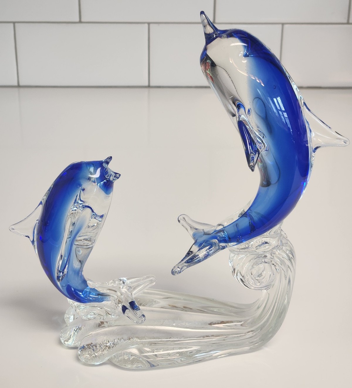 Murano Blue/Clear Glass Two Dolphins Sculpture