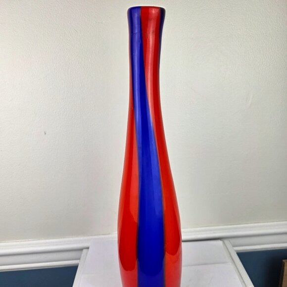 Hand Blown Art Glass Cobalt Blue Orange Bright Colors Tall Vase