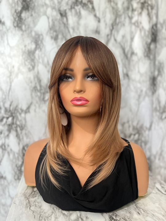 Side Bangs Layered Short Wig Ombre Blonde & brown roots Straight Hair