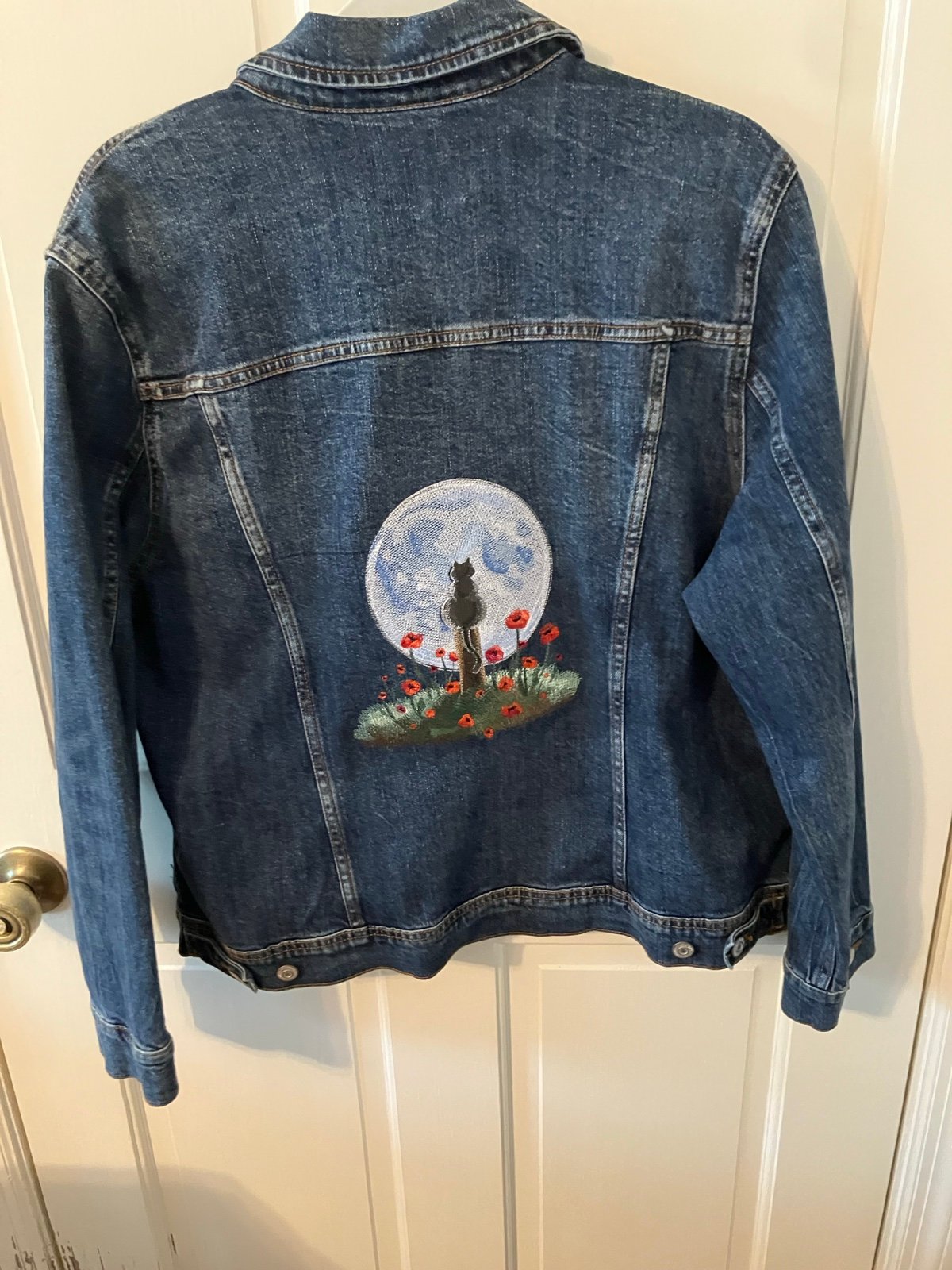 OOAK Embroidered cat w/moon and poppies jacket