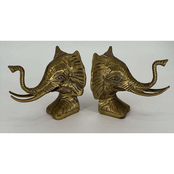 Vintage Brass Bookends Elephant Head Set Regency Boho Decor Statues