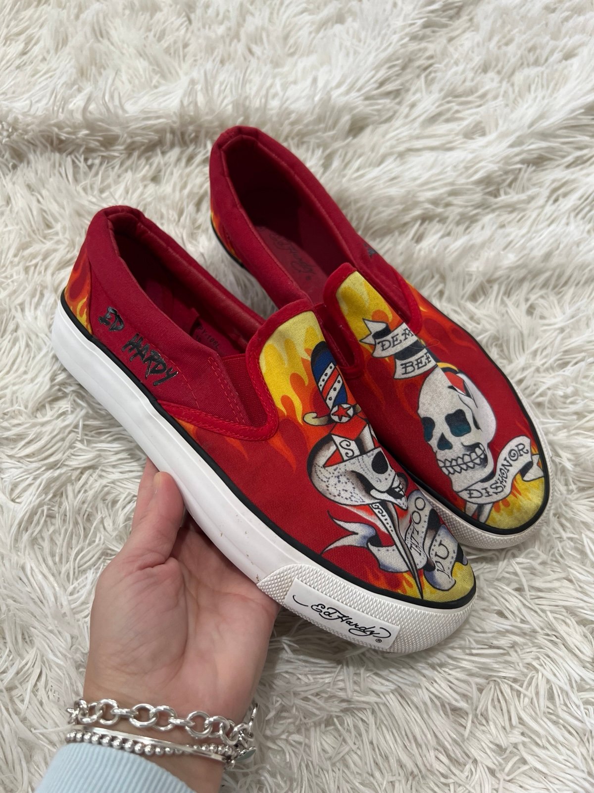 ED HARDY Poppy Red Skull Tattoo You Slip On Shoes - size 10