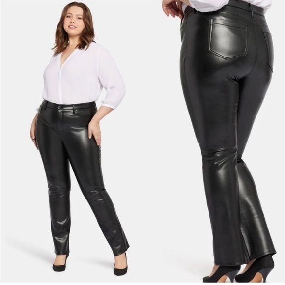 New NYDJ Faux Leather Marilyn Straight Pants Black Vegan Shiny Plus Size 14W