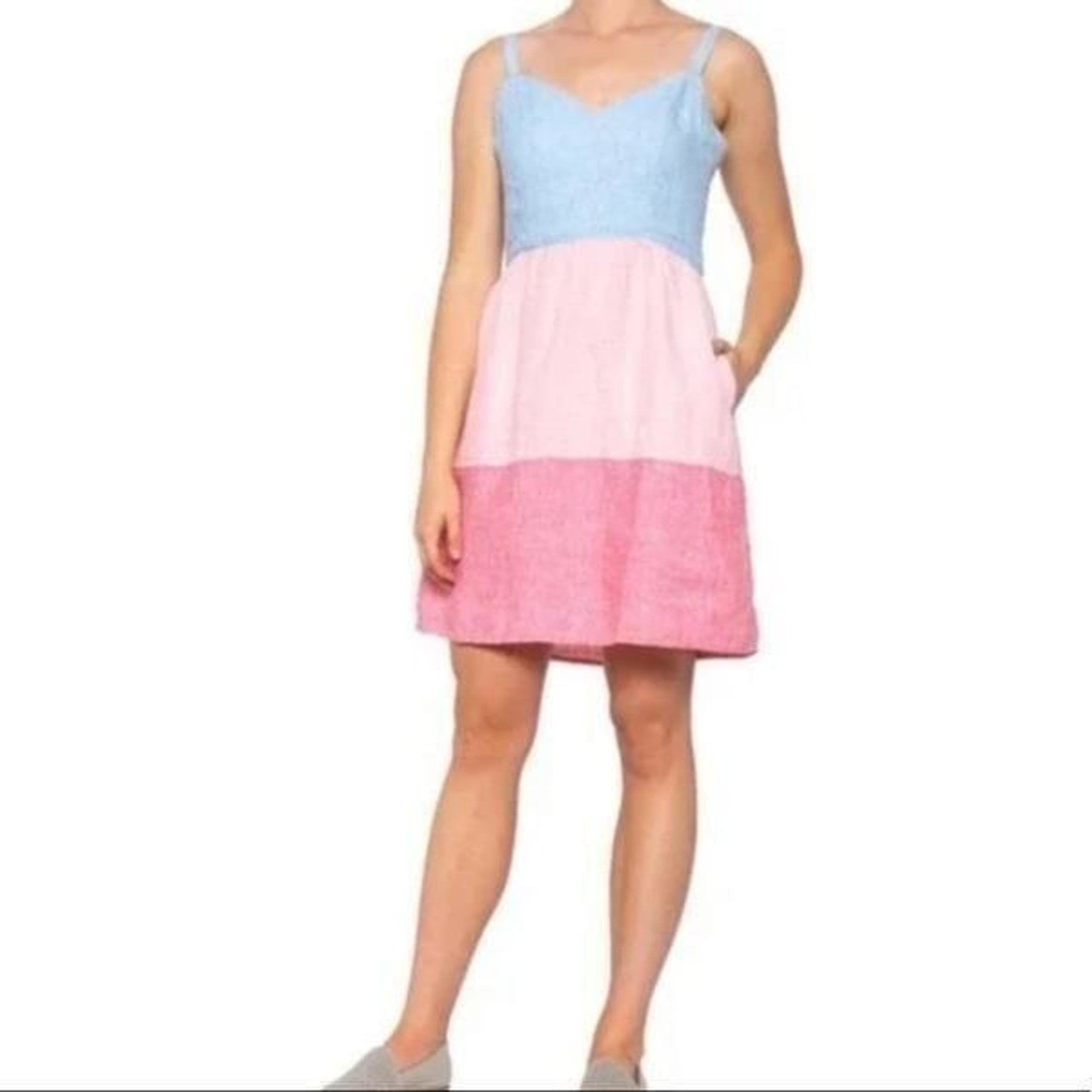 Cynthia Rowley 100% Linen Dress color block spaghetti strap Summer Dress