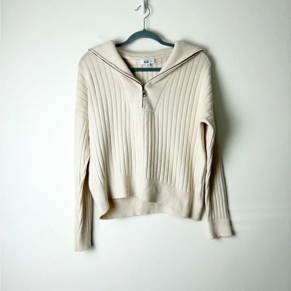 525 AMERICA • Women’s Rib Knit Quarter Zip Fold Over Collar Cream Sweater Sz XS