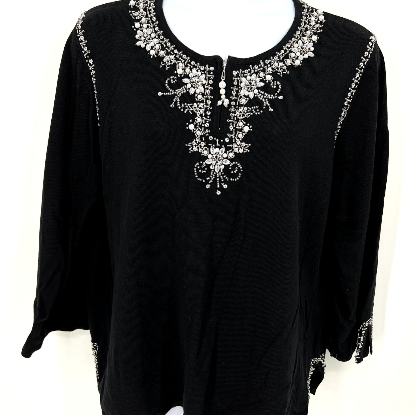 Quacker Factory Sweater 2X Embellished Black Zip Neck Rhinestones Glam Holiday