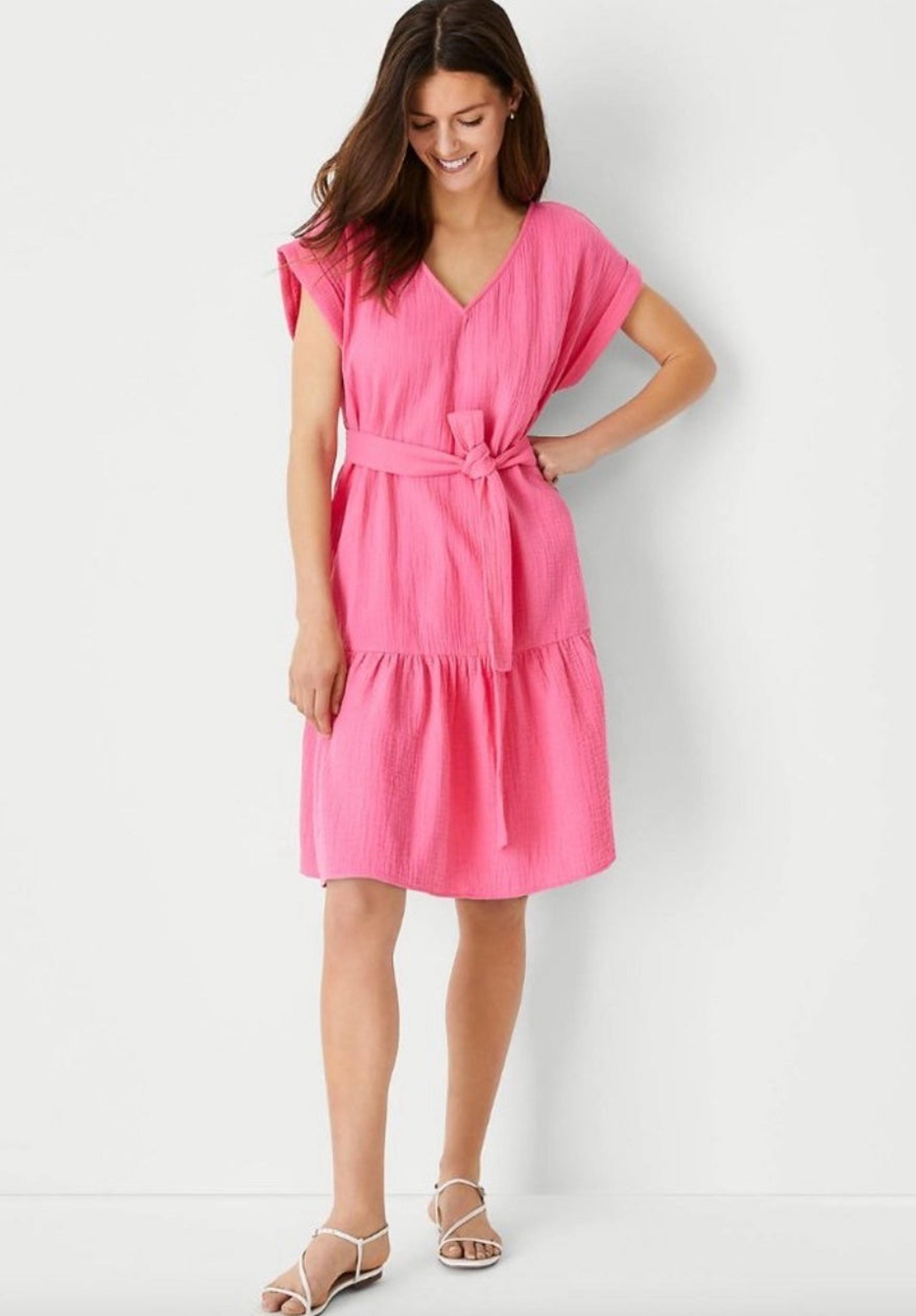 Ann Taylor gauze Pocket Flare Dress in Tropical Rose XS