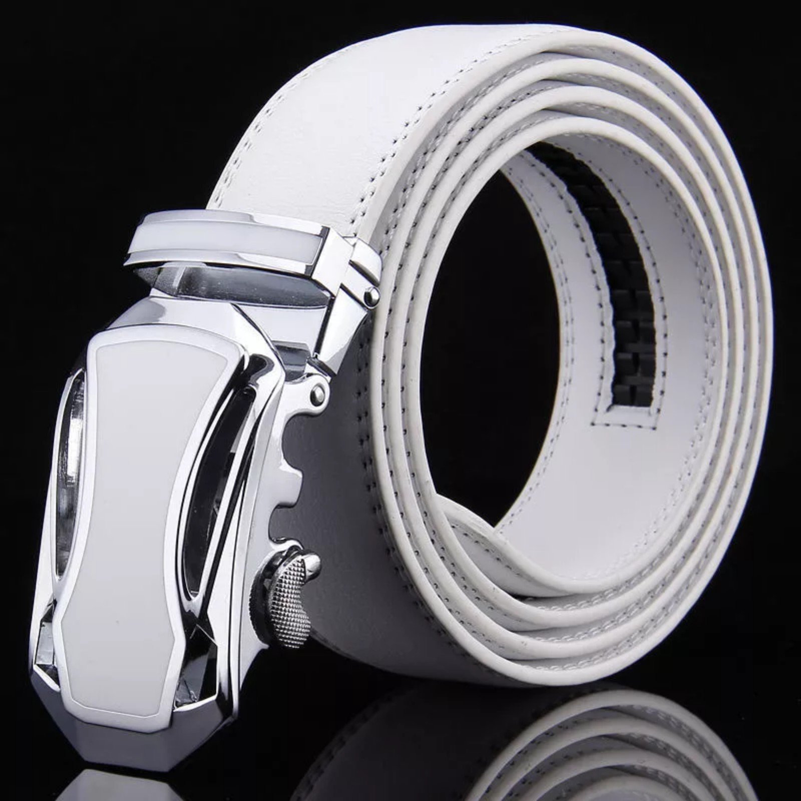 Men WHITE Genuine Leather Golf Dress Belt Fit Automatic Buckle Ratchet Belt