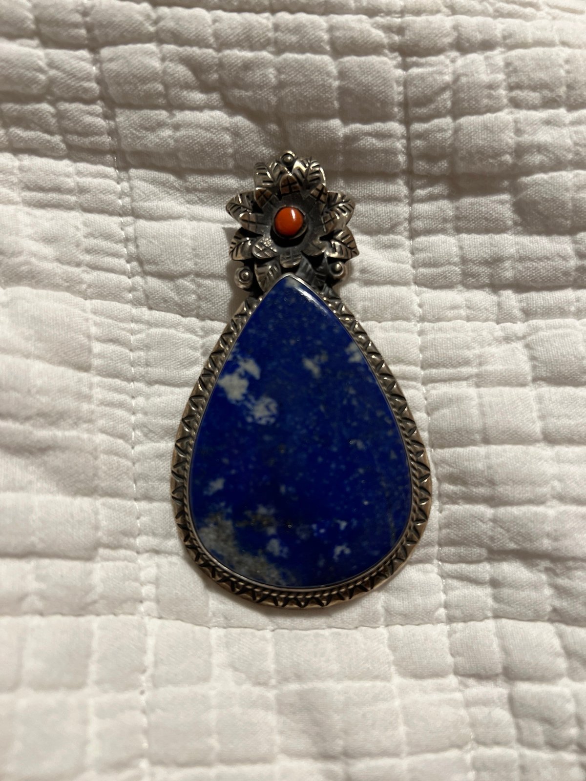 Large Southwestern Lapis & Coral Sterling Silver Pendant