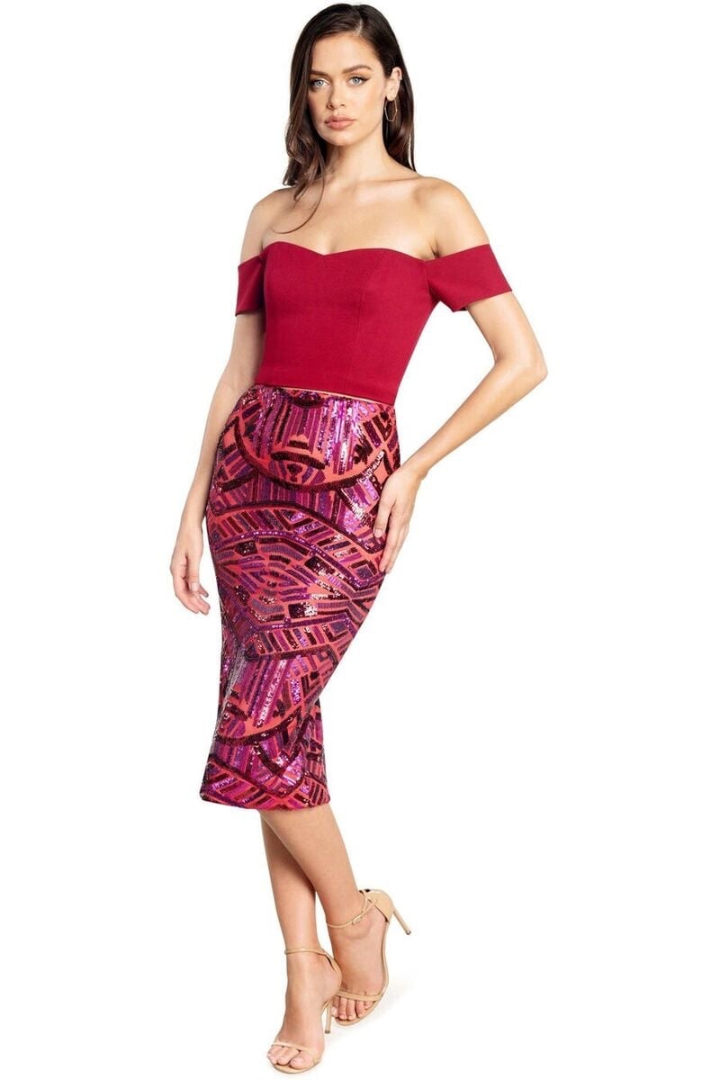 Dress the Population Nola Sequin Placement Midi Skirt, Size M in Red Rouge...