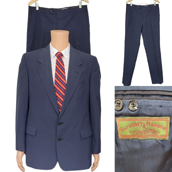Vintage Europe 2 Piece Suit (42R) Navy Blue Striped Turnbury Hampton 34x33.5